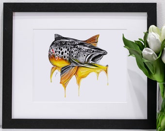 Melting Brown Original and Giclee Prints / Fly Fishing / Browntrout Fish Artwork / Stream Angling Portrait / Rainbow Brook Cutthroat Trout