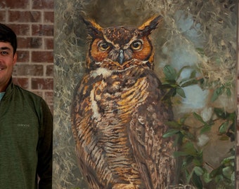 Original "Watcher in the Oaks" 30x48 inch Oil Painting on Canvas | Louisiana Great Horned Owl | Coastal Artwork