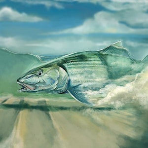 May include: A painting of a large, silver fish leaping out of the water. The fish is green and silver with a white underbelly. The water is a light blue and the sky is a light blue with white clouds. The fish is leaping out of the water with its mouth open and its fins spread out.