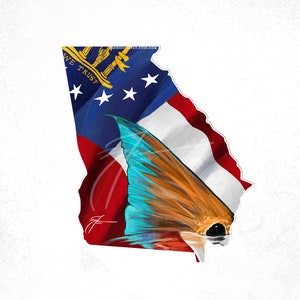May include: An illustration of the state of Georgia flag with a red, white, and blue color scheme. The flag is draped over a fish tail with orange, blue, and turquoise colors. The flag has the words "We Trust" and stars on it.