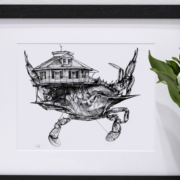 Limited Edition Middle Bay Lighthouse Prints / Alabama Prints / Fishing Artwork / Blue Crab Coastal Artwork / Pen Art / The Bonnie Fly