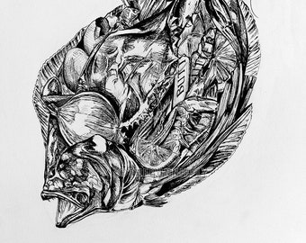 Stuffed Flounder Ink Portrait | Saltwater Inshore Fishing Artwork | Pen Art | Giclee Prints