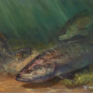May include: A painting of three fish swimming underwater. The fish are brown and gray with spots. The water is a dark green color.