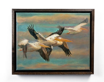 Original "Grand Arrival" 11x14 inch Oil Painting Canvas | White Pelican Painting by Brandon Finnorn