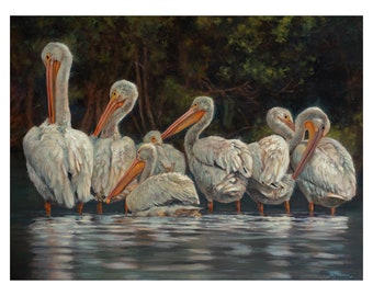 Original "Sacred Squadron" 30x40 inch Oil on Canvas | White Pelican Painting by Brandon Finnorn