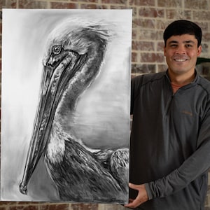 Original &quot;Jemison&#39;s Lookout&quot; 24x36 inch Charcoal on Canvas | Brown Pelican | Coastal Artwork
