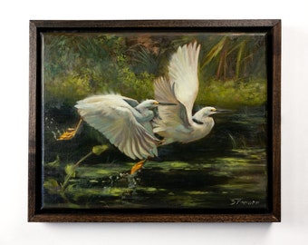 Original "Snow on the Tchefuncte" 11x14 inch Oil Painting Canvas | Snowy Egret Painting by Brandon Finnorn