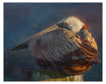Original "Venice at Dusk" 24x30 inch Oil Painting on Canvas | Louisiana Brown Pelican| Coastal Artwork