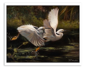 Snow on the Tchefuncte Egret Print | Bird Art by Brandon Finnorn