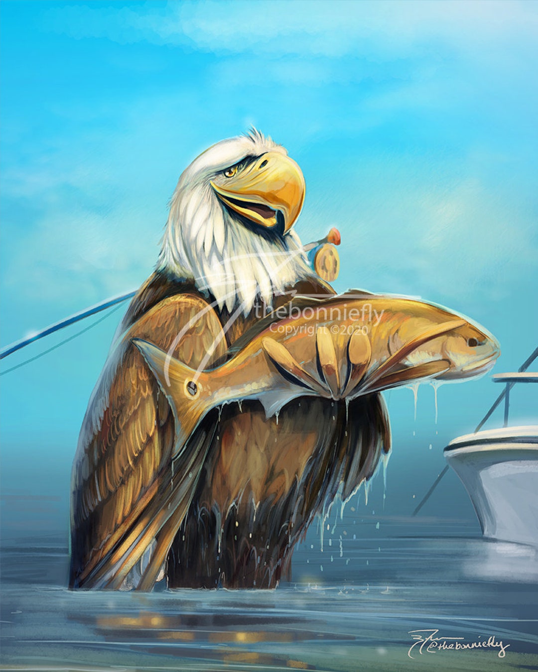 Eagle Fly Fishing for Redfish Digital Painting by Brandon Finnorn Fine