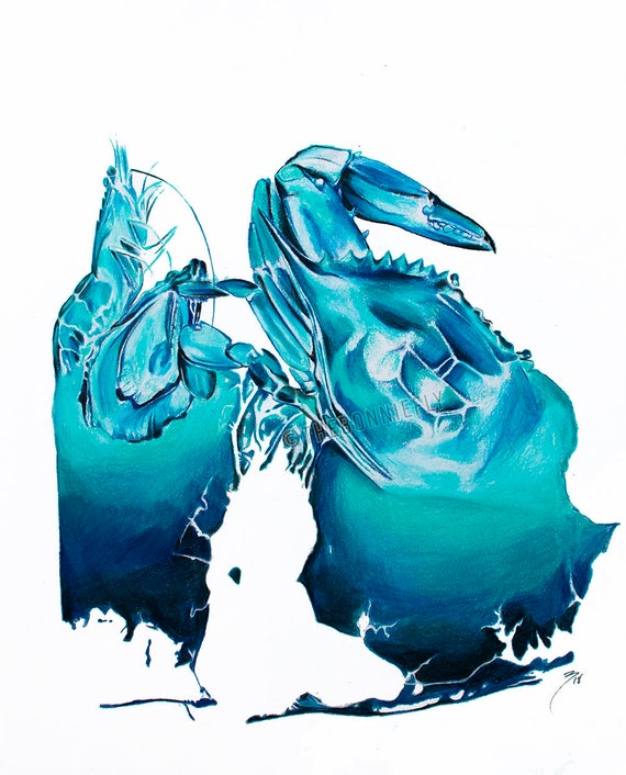 Mobile Bay in Blue Portrait | Prismacolor Pencil and Giclee Prints | Blue Crab Seafood Shrimp Oyster|