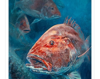 May include: A painting of a red grouper fish with its mouth open, showing its teeth. The fish is in a blue and green underwater scene. There are two other fish in the background.
