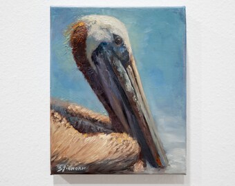 Original "Brown Pelican in Blue" 8x10 inch Oil Painting Canvas