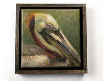 Original "Brown in Green" 8x8 inch Oil Painting Canvas | Brown Pelican Painting by Brandon Finnorn