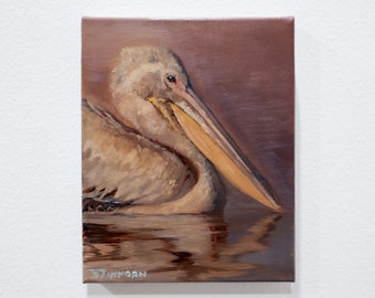 Original "White Pelican in Gold" 8x10 inch Oil Painting Canvas