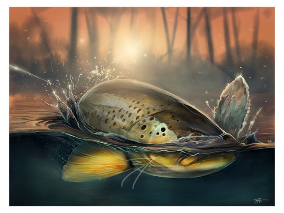 Rising to Chaos Brown Trout Digital Painting Giclee Prints Fly