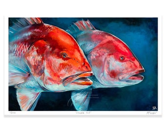 May include: A painting of two red snapper fish swimming in blue water. The fish are facing the viewer with their mouths open. The painting is titled "Insatiable Red".