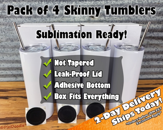 Pixidoodle™ Pack of 4 Absolutely Straight Blank Sublimation Skinny Tumbler  With Metal Straw, Leak-proof Lid, Silicone Bottom No Taper 