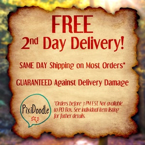 May include: A vintage-style parchment paper with the text "FREE 2nd Day Delivery!" and "SAME DAY Shipping on Most Orders*" and "GUARANTEED Against Delivery Damage". The text is in red and the background is a light brown colour. The text also includes "*Orders before 3 PM EST. Not available to PO Box. See individual item listing for further details."