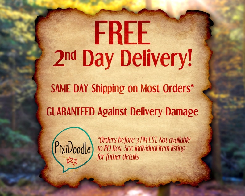 May include: A vintage-style parchment paper with the text "FREE 2nd Day Delivery!" and "SAME DAY Shipping on Most Orders*" and "GUARANTEED Against Delivery Damage". The text is in red and the background is a light brown colour. The text also includes "*Orders before 3 PM EST. Not available to PO Box. See individual item listing for further details."