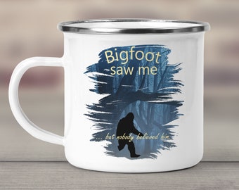 PixiDoodle™ Personalizable Sasquatch Enamel Campfire Mug, Bigfoot Legend, Bigfoot Lover Large-Bigfoot Myth-Skunk Ape-Wood Booger-Grassman