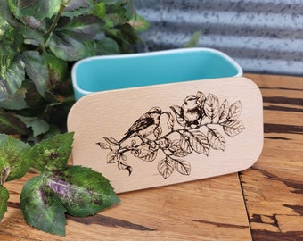 PixiDoodle™ Custom Engraved Bird Watcher Large Butter Dish with Wood Lid, Personalized Butter Crock, Housewarming Gift, Love Birds Gift