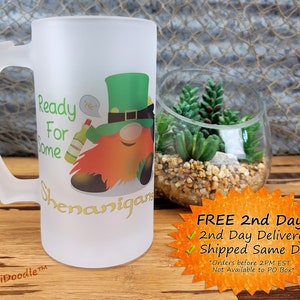 PixiDoodle® Personalized St Patricks Day Beer Mug - Leprechaun Beer Glass - Irish Shenanigans Frosted Glass Stein