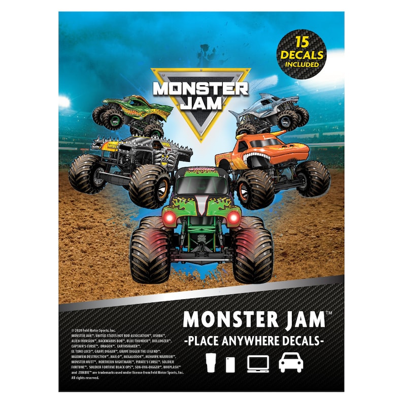 May include: Monster Jam Place Anywhere Decals featuring 15 decals of monster trucks, including Grave Digger, Megalodon, and Soldier Fortune. The decals can be placed on any smooth surface.