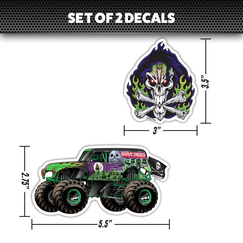 Pu&ograve; includere: Set di due adesivi per camion mostro Grave Digger. Un adesivo &egrave; un camion mostro verde con le parole "Grave Digger" sul lato. L'altro adesivo &egrave; un teschio viola con ossa incrociate e fiamme verdi. Gli adesivi misurano 7,6 cm per 8,9 cm e 14 cm per 7 cm.