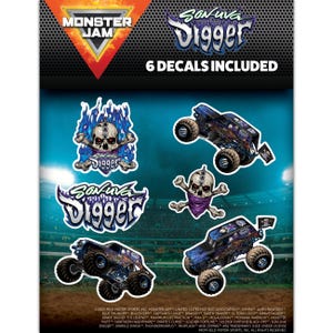 May include: Six Monster Jam Sonuva Digger decals featuring a blue and black monster truck, a skull with crossed bones, and the Sonuva Digger logo. The decals are on a blue background with a stadium in the background.