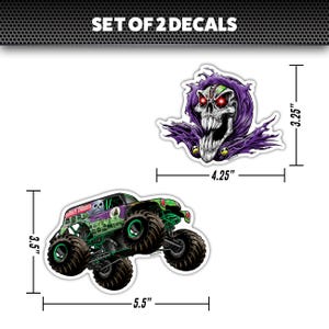 Pu&ograve; includere: Set di due adesivi per camion monster. Un adesivo presenta un camion monster verde con le parole "Grave Digger" sul lato. L'altro adesivo presenta un teschio incappucciato viola con occhi rossi. Gli adesivi misurano 8,25 cm per 10,8 cm e 8,89 cm per 13,97 cm.