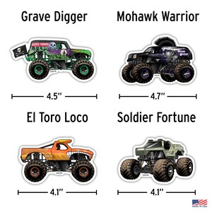 May include: Four monster truck toy models, Grave Digger, Mohawk Warrior, El Toro Loco, and Soldier Fortune. The trucks are green, black, orange, and green, respectively. Each truck is approximately 11.4 cm long.