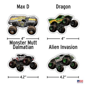 May include: Four monster truck stickers, each featuring a different monster truck design. The trucks are all in different poses, with some jumping and others driving. The stickers are all 10.16 cm in diameter.