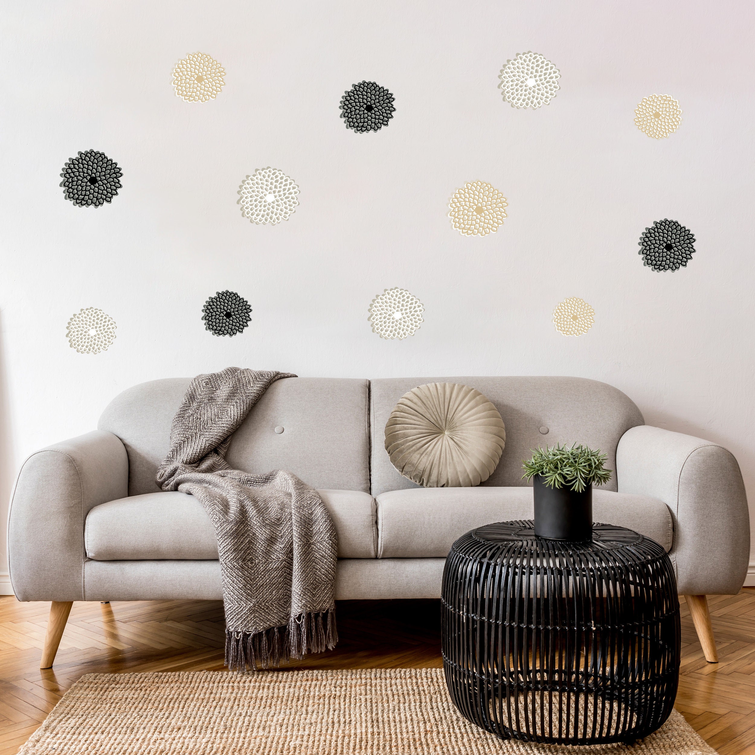 Muursticker woonkamer met mix van verschillende zonnebloemen
