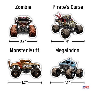 May include: Four monster truck designs with names and measurements.  Zombie, Pirate's Curse, Monster Mutt, and Megalodon.  The trucks are 3.7 inches, 4 inches, 4.3 inches, and 4.1 inches wide.