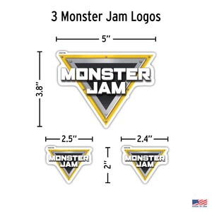 May include: Three Monster Jam logos in different sizes. The largest logo is a yellow triangle with a black and silver metal design and the words "Monster Jam" in white. The two smaller logos are yellow triangles with the words "Monster Jam" in white.