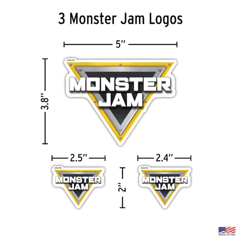 May include: Three Monster Jam logos in different sizes. The largest logo is a yellow triangle with a black and silver metal design and the words "Monster Jam" in white. The two smaller logos are yellow triangles with the words "Monster Jam" in white.