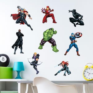 May include: Wall decals featuring various Marvel superheroes, including Thor, Iron Man, Black Panther, Hulk, Captain America, Hawkeye, and Black Widow. The colorful stickers are in dynamic action poses, perfect for decorating a child's bedroom or playroom.