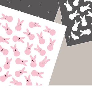 Pode incluir: Três padrões diferentes de coelhos rosa e brancos sobre um fundo branco. O texto "Joyous Times" está na parte inferior da imagem.