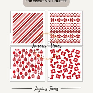 Op de afbeelding: Een set van vier digitale kerststencilontwerpen voor Cricut- en Silhouette-snijmachines. De ontwerpen omvatten een snoepstokstreepjespatroon, een traditioneel fair isle-patroon, een krans van ornamenten en een patroon van kousen, cadeaus en sterren.