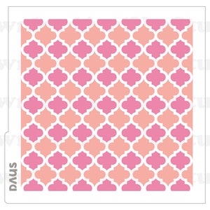 May include: A seamless pattern with pink and peach squares, each containing a white quatrefoil design.