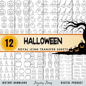 Könnte beinhalten: Eine Sammlung von 12 Halloween-Themen Royal Icing Transfer Sheets. Die Blätter zeigen verschiedene schwarz-weiße Illustrationen von Kürbissen, Totenköpfen, Geistern, Hexenhüten, Besen, Kesseln, Grabsteinen, Särgen, Fledermäusen und Süßigkeiten. Der Text "HALLOWEEN" ist zu sehen.
