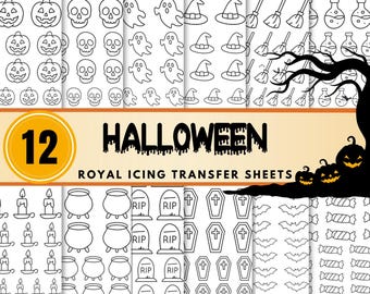 Può includere: Una collezione di 12 fogli di trasferimento per glassa reale a tema Halloween. I fogli presentano varie illustrazioni in bianco e nero di zucche, teschi, fantasmi, cappelli da strega, scope, calderoni, lapidi, bare, pipistrelli e caramelle. Il testo "HALLOWEEN" è visibile.