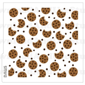以下が含まれることがあります： 茶色のチョコレートチップクッキーのパターンが描かれた白いステンシル。一部はかじられており、チョコレートチップが散らばっています。クッキーには濃い茶色のチップが付いています。