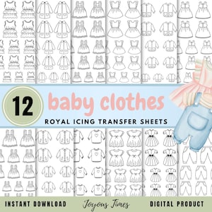 May include: A digital product showcasing 12 baby clothes designs. The designs include dresses, jackets, and shirts, all in a line art style. The text "baby clothes" is displayed in pink, with "Royal Icing Transfer Sheets" below.