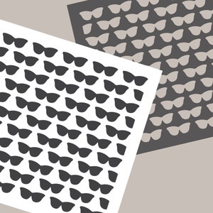 Puede incluir: Un fondo blanco con dos cuadrados superpuestos. Los cuadrados están llenos de un patrón de gafas de sol negras. El texto "Joyous Times" está escrito en negro en la parte inferior de la imagen.