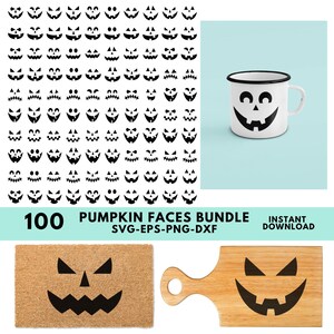 May include: A collection of Halloween-themed items, including a white mug with a black jack-o'-lantern face, a doormat, and a wooden cutting board. The image also features a pattern of 100 different jack-o'-lantern faces. Text reads "100 PUMPKIN FACES BUNDLE" and "INSTANT DOWNLOAD."