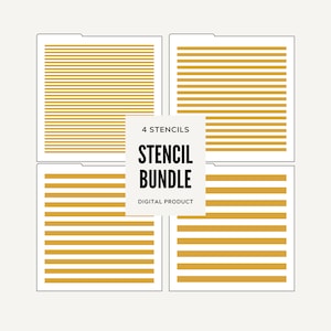 Könnte beinhalten: Vier digitale Schablonen mit einem gestreiften Muster in Gold. Die Schablonen sind in einem Raster angeordnet. Der Text "4 STENCILS STENCIL BUNDLE DIGITAL PRODUCT" befindet sich in der Mitte des Bildes.