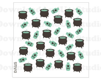 May include: A seamless pattern featuring a repeating design of black cauldrons filled with green liquid and green bottles with a skull and crossbones. The background is white.