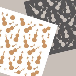 Pode incluir: Dois fundos brancos com um padrão de violinos marrons e cinzentos e notas musicais. O texto "Joyous Times" está na parte inferior da imagem.